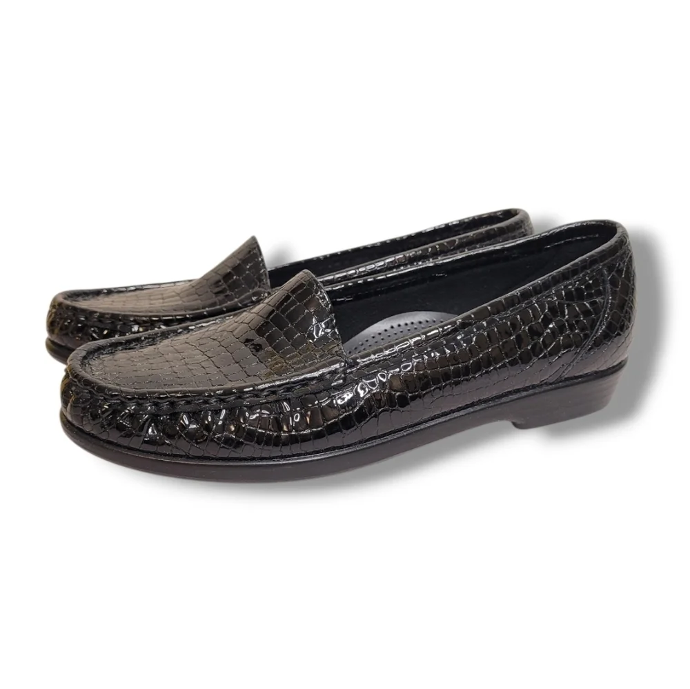 SAS Croc Embossed Black Patent Leather Loafers Size 7.5 Narrow